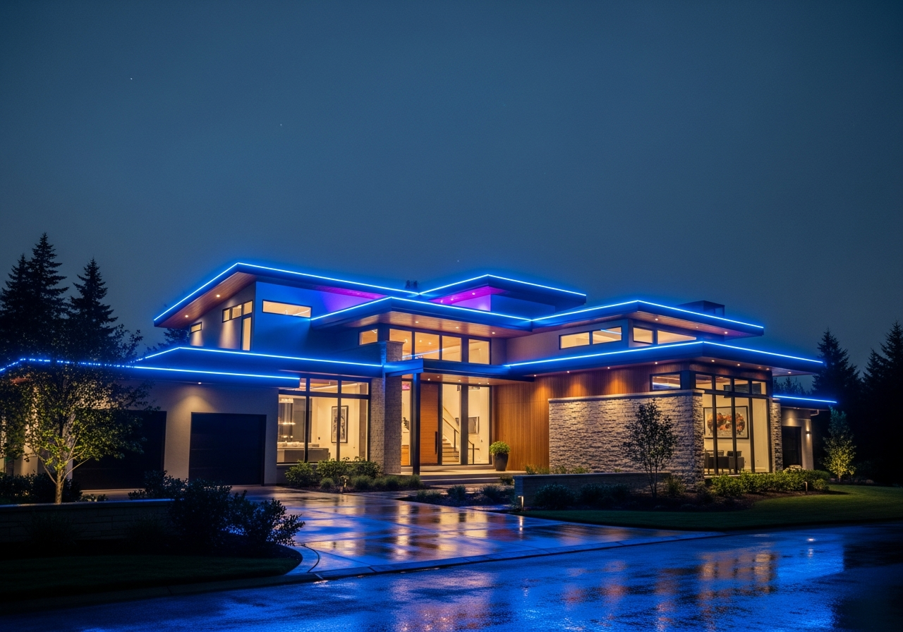 Brick ranch home with blue and purple roofline lighting