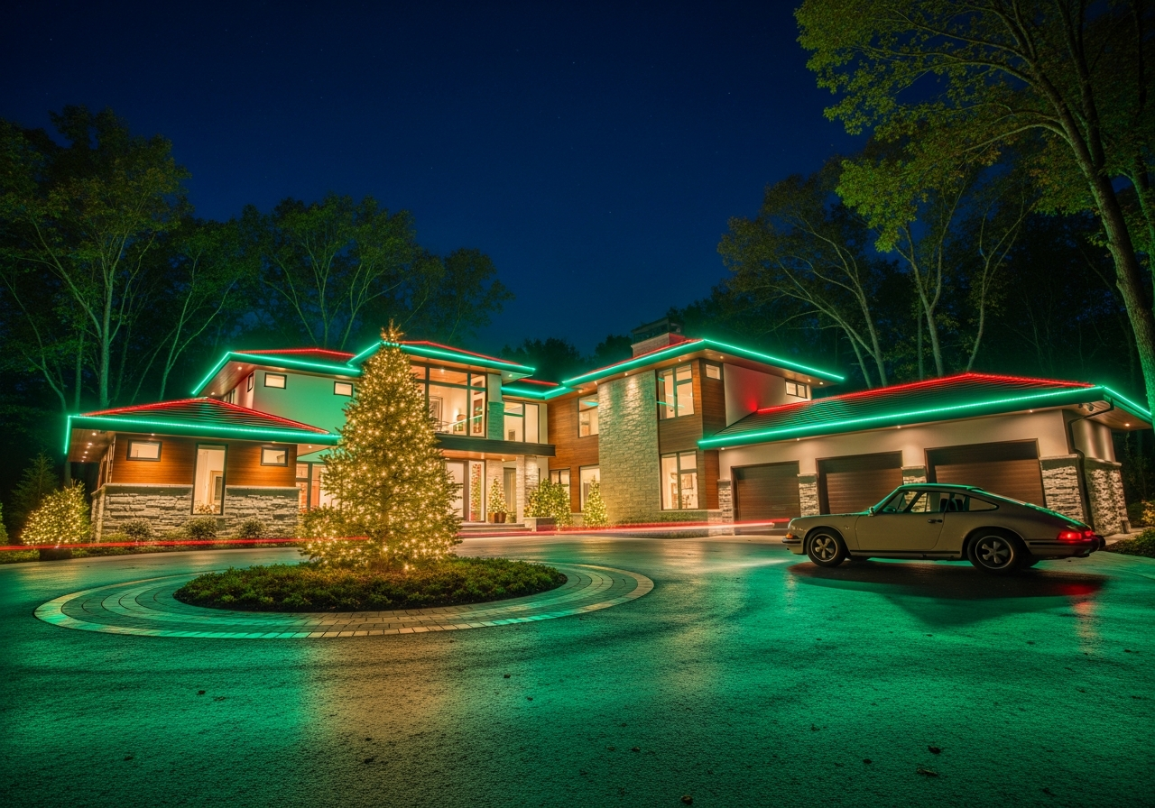 Home with red and blue roofline lighting