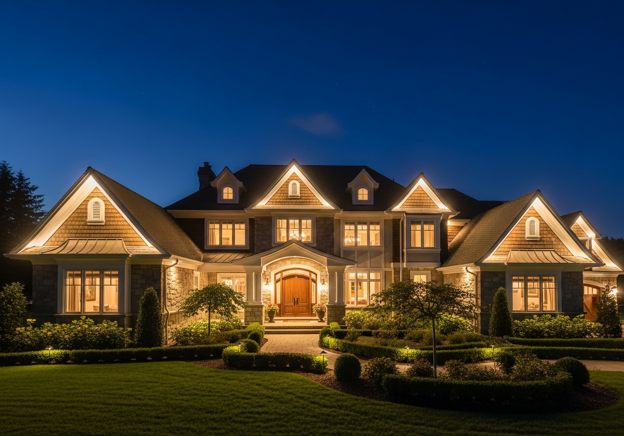 Split-level home with multicolor Christmas roofline lighting
