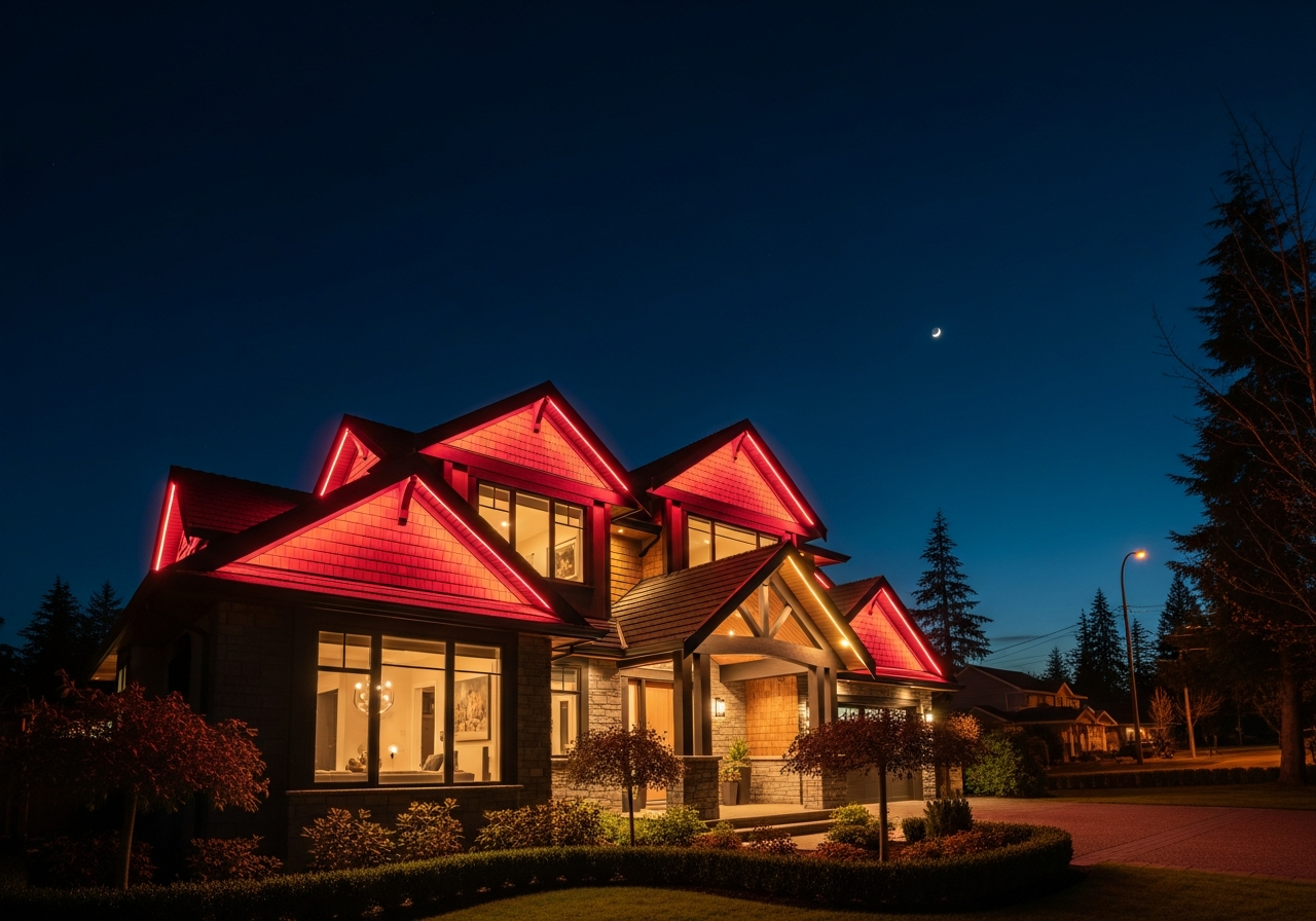 Two-story home with pink and red roofline lighting in winter