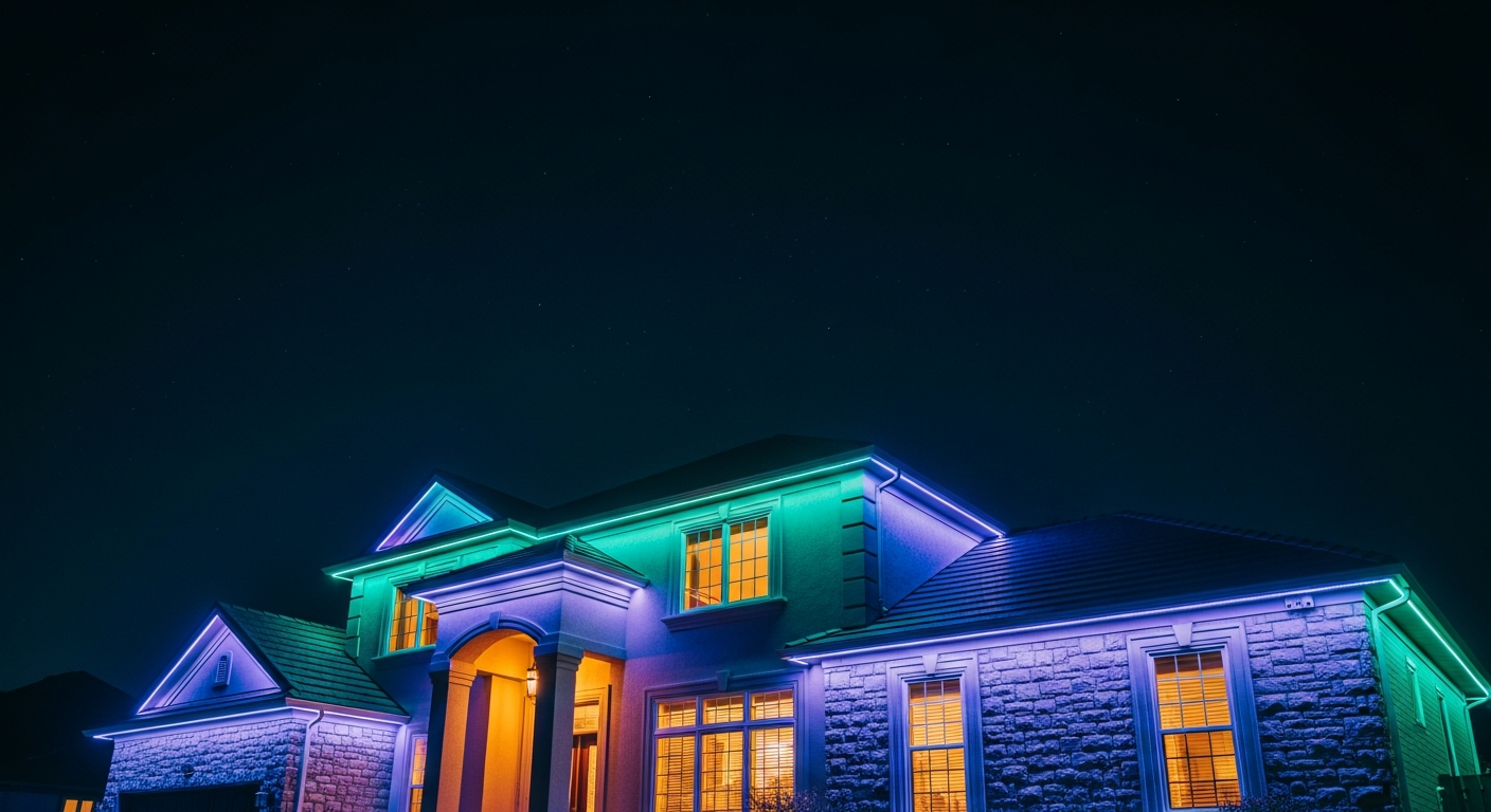 House illuminated with colorful LED lights at night